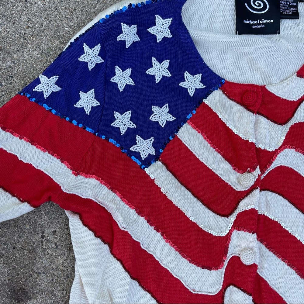 Michael Simon Cardigan American Flag Beaded Sequin Silk Sweater Size Medium VTG - Picture 7 of 8
